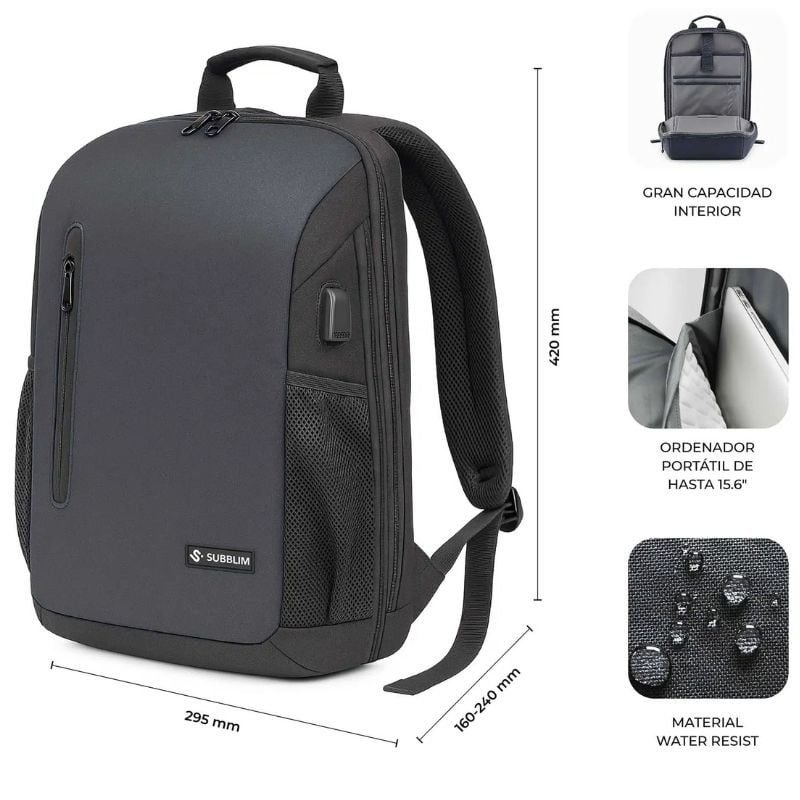 Mochila Subblim Xpand Air Padding Backpack para Portátiles hasta 15.6"/ Puerto USB/ Negro - Imagen 4