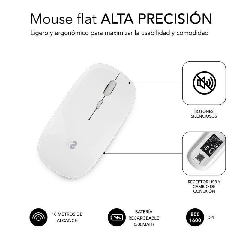 Ratón Inalámbrico por Bluetooth Subblim Dual Flat/ Batería recargable/ Hasta 1600 DPI/ Blanco - Imagen 2