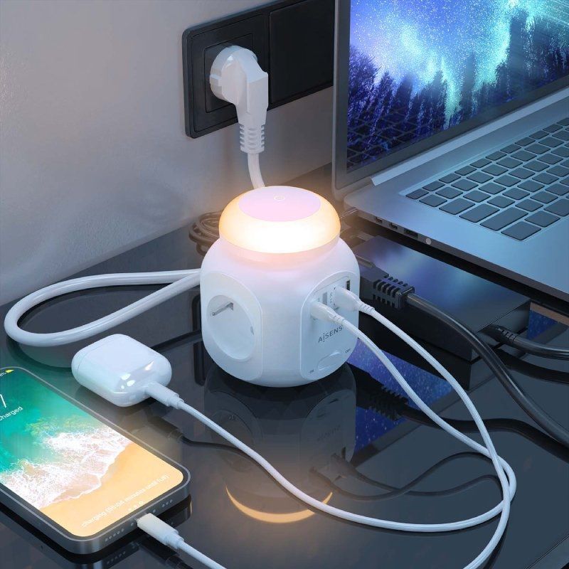 Regleta con Interruptor y Luz Nocturna Aisens ASPS-2A1CLPQ02-W/ 4 Tomas de Corriente/ 1 USB Tipo-C PD/ 2 USB/ Cable 1.8m/ Blanco - Imagen 5