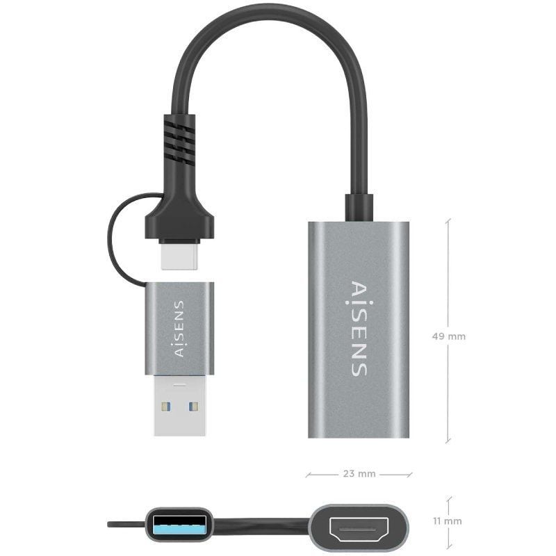 Conversor HDMI Aisens A109-0913/ USB + USB Tipo-C 3.1 Macho - HDMI Macho/ 15cm/ Gris - Imagen 4