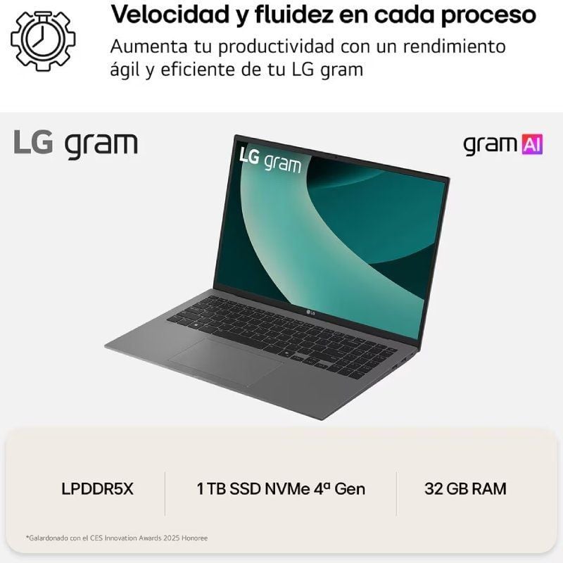 Portátil LG Gram 16Z90TL-G.AU88B Intel Core Ultra 7-258V/ 32GB/ 1TB SSD/ 16"/ Win11 - Imagen 2