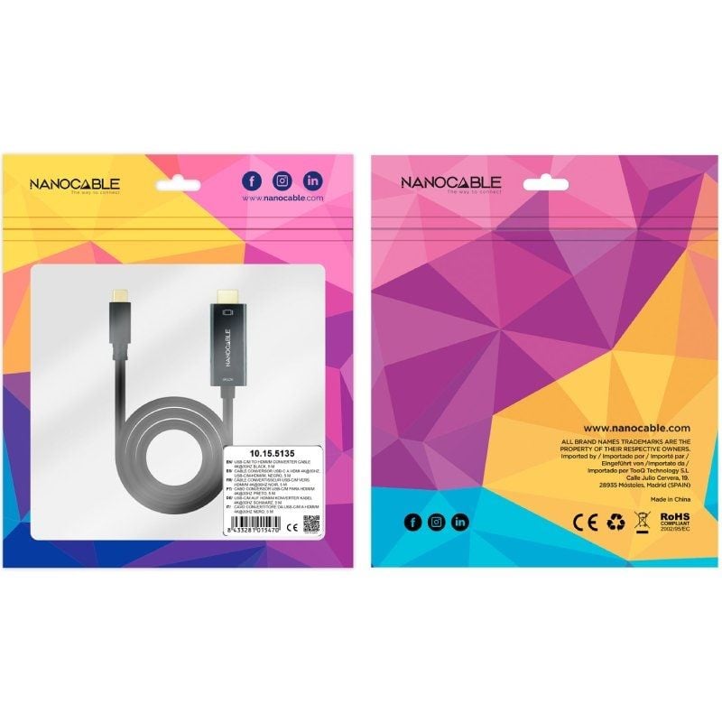 Cable Conversor Nanocable 10.15.5135/ USB Tipo-C Macho - HDMI Macho/ 5m/ Negro - Imagen 4