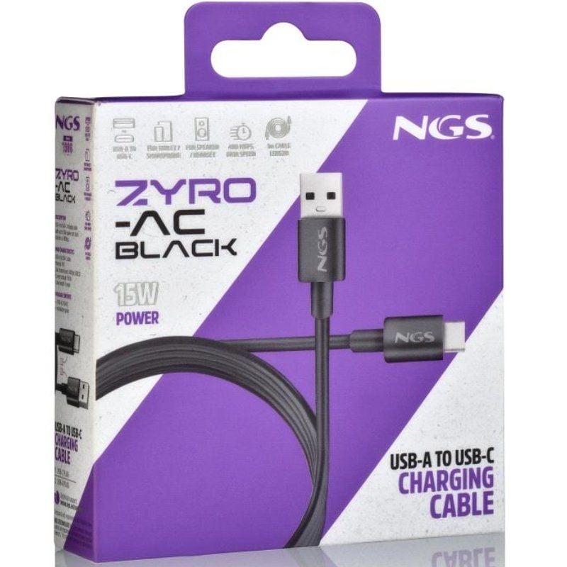 Cable USB 2.0 NGS ZYRO-AC/ USB Macho - USB Tipo-C Macho/ Hasta 15W/ 480Mbps/ 1m/ Negro - Imagen 5