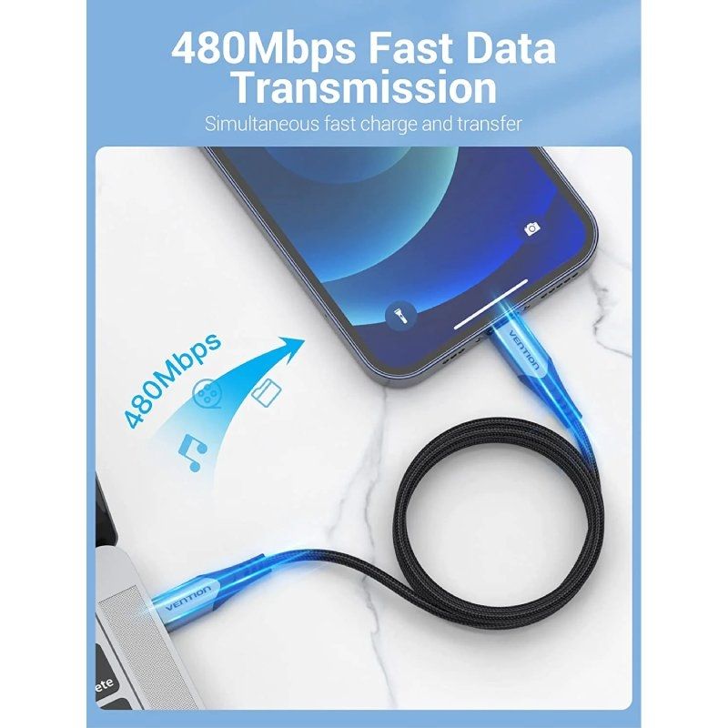 Cable USB 2.0 Tipo-C Lightning Vention TACHH/ USB Tipo-C Macho - Lightning Macho/ 480Mbps/ 2m/ Gris y Negro - Imagen 3