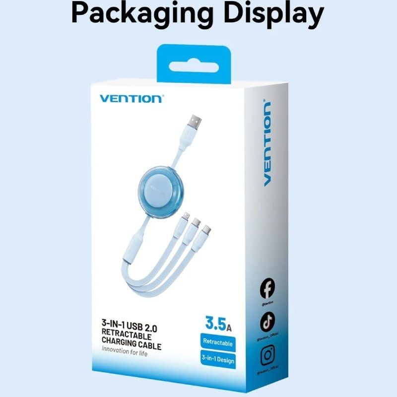 Cable USB Retráctil Vention TRJBBE/ USB Macho - Lightning/ 2xUSB Tipo-C/ Hasta 17.5W/ 10Gbps/ 1.1m/ Negro - Imagen 4