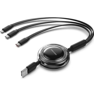 Cable USB Retráctil Vention TRJBBE/ USB Macho - Lightning/ 2xUSB Tipo-C/ Hasta 17.5W/ 10Gbps/ 1.1m/ Negro 6922794791121 TRJBBE VEN-CAB TRJBBE