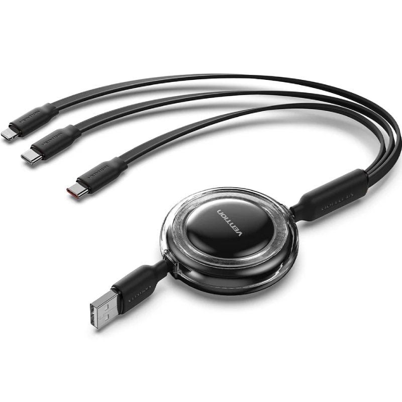 Cable USB Retráctil Vention TRJBBE/ USB Macho - Lightning/ 2xUSB Tipo-C/ Hasta 17.5W/ 10Gbps/ 1.1m/ Negro 6922794791121 TRJBBE VEN-CAB TRJBBE