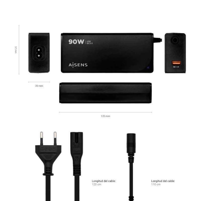 Cargador de Portátil Aisens ASLC-90WAUTO-BK/ 90W/ Automático/ 12 Conectores/ Voltaje 15-20V/ 1 USB QC3.0 - Imagen 4