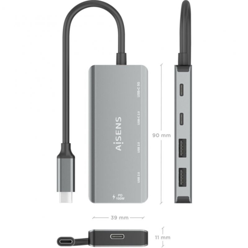 Hub USB Tipo-C Aisens A109-0946/ 2xUSB/ 2xUSB Tipo-C/ 1xUSB Tipo-C PD/ Gris - Imagen 4