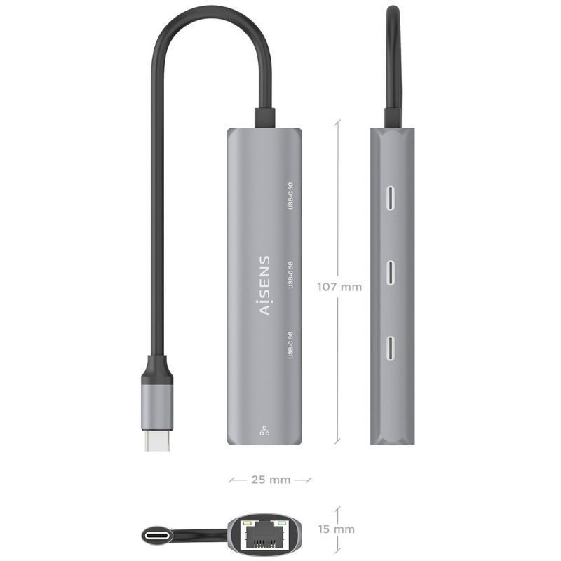 Hub USB Tipo-C Aisens ASUC-4P041-GR/ 3xUSB Tipo-C/ 1xRJ45/ Gris - Imagen 4
