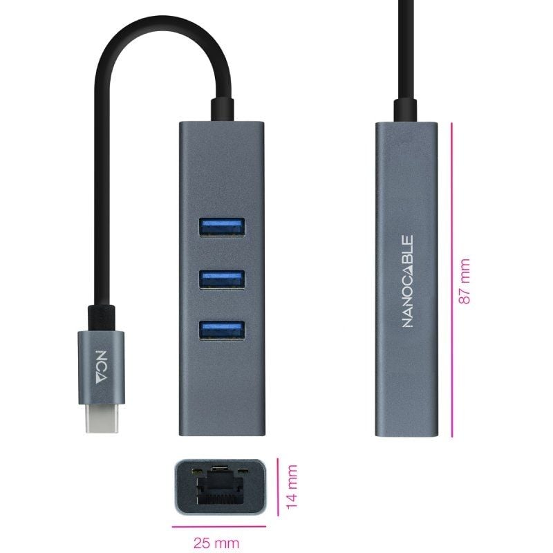 Hub USB Tipo-C Nanocable 10.03.0408/ 3xUSB/ 1xRJ45/ Gris - Imagen 2