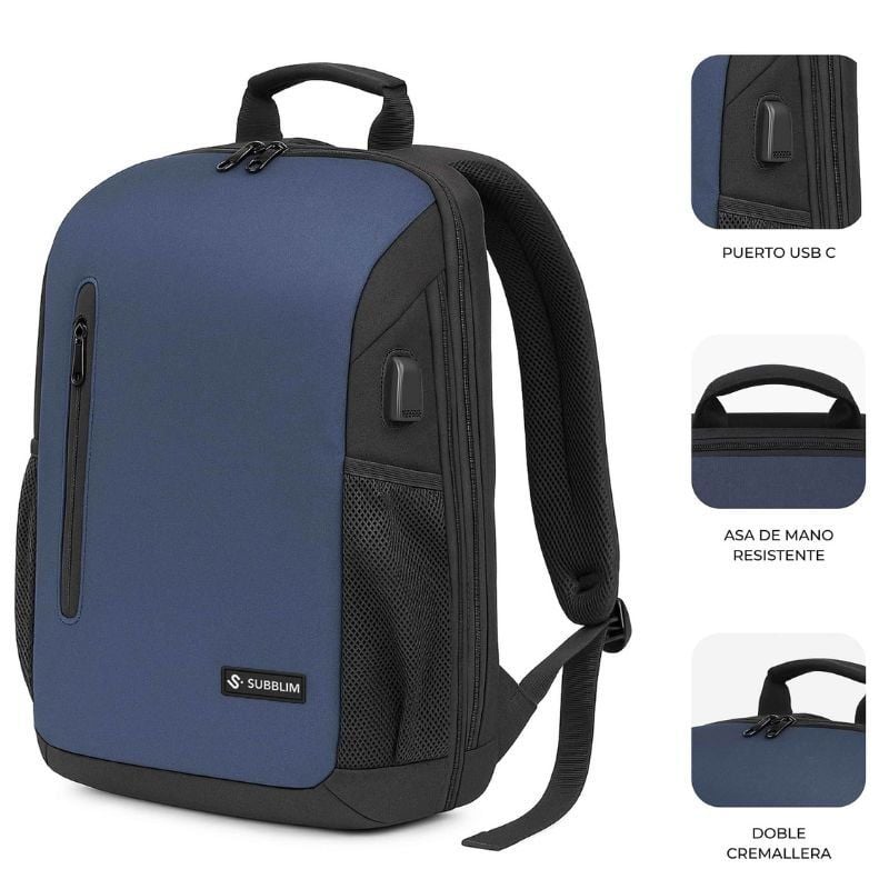 Mochila Subblim Xpand Air Padding Backpack para Portátiles hasta 15.6"/ Puerto USB/ Azul - Imagen 4