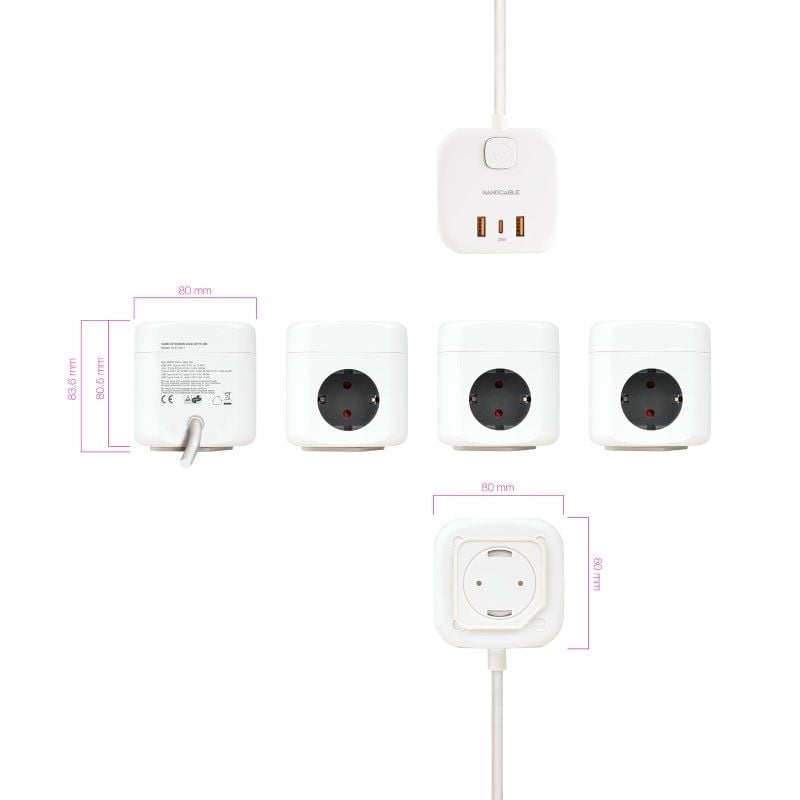 Regleta Nanocable 10.37.0011/ 3 Tomas de corriente/ 2 USB - 1 USB Tipo-C/ Cable 1.4m/ Blanca - Imagen 3