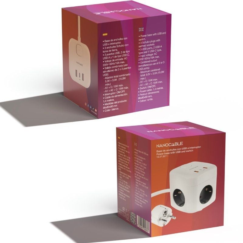 Regleta Nanocable 10.37.0011/ 3 Tomas de corriente/ 2 USB - 1 USB Tipo-C/ Cable 1.4m/ Blanca - Imagen 4