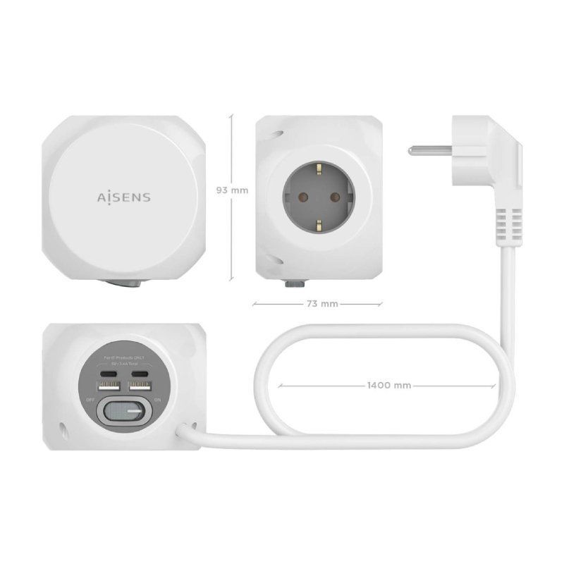 Regleta con Interruptor Aisens ASPS-2A2C04-W/ 3 Tomas de Corriente/ 2 USB Tipo-C/ 2 USB/ Cable 1.4m/ Blanco - Imagen 3