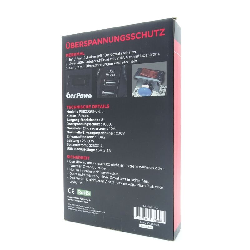 Regleta con Interruptor Cyberpower P0820SUD0-DE/ 8 Tomas de corriente/ 2 USB/ Cable 1.8m/ Negra - Imagen 5