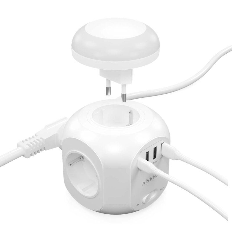 Regleta con Interruptor y Luz Nocturna Aisens ASPS-3A1CL01-W/ 4 Tomas de Corriente/ 1 USB Tipo-C/ 3 USB/ Cable 1.8m/ Blanco - Imagen 3