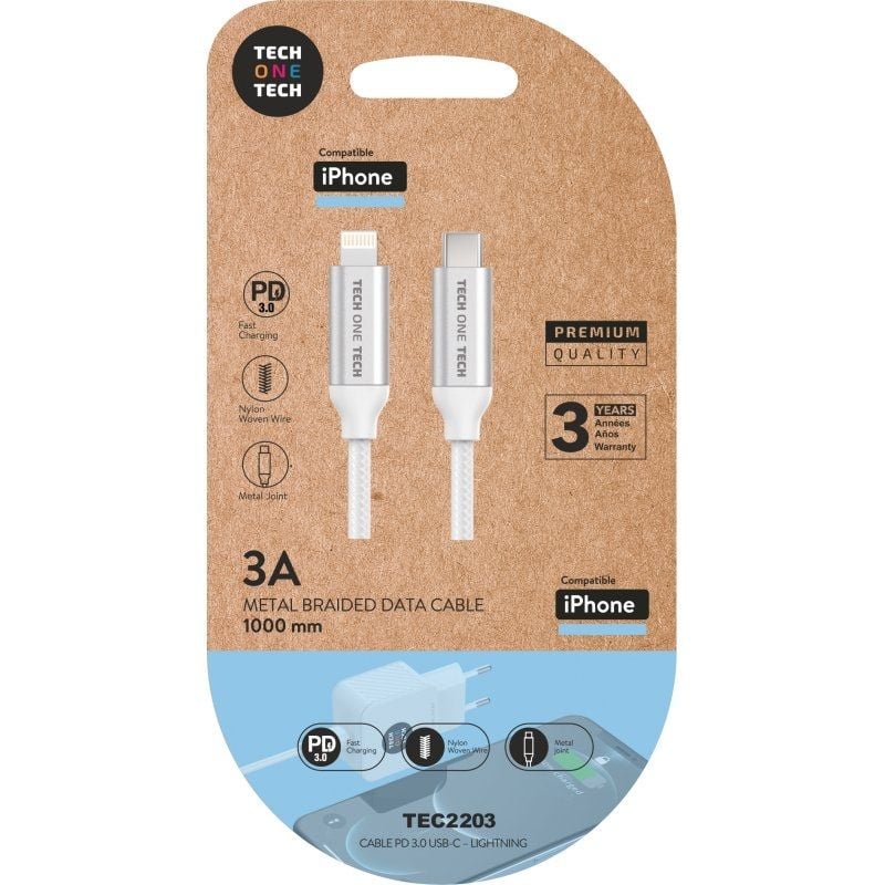 Cable USB Tipo-C Lightning Tech One Tech TEC2203/ Lightning Macho - USB Tipo-C Macho/ Hasta 20W/ 480Mbps/ 1m/ Blanco 8436546593072 TEC2203 TOT-CAB TEC2203