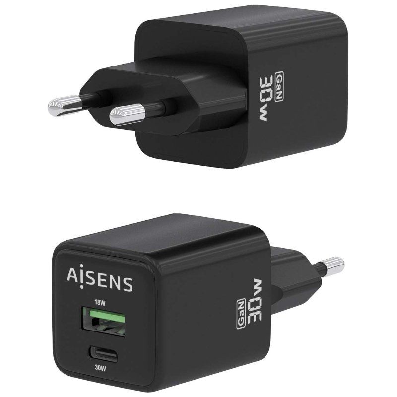 Cargador de Pared GaN Aisens ASCH-30W2P038-BK/ 1xUSB Tipo-C/ 1xUSB/ 30W - Imagen 2
