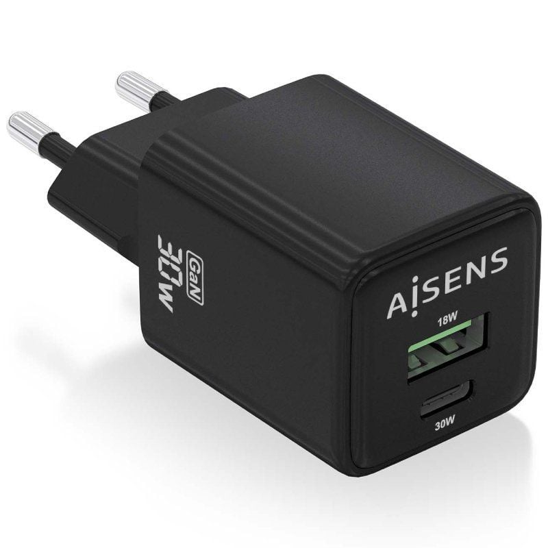 Cargador de Pared GaN Aisens ASCH-30W2P038-BK/ 1xUSB Tipo-C/ 1xUSB/ 30W 8435739901298 ASCH-30W2P038-BK AIS-CARGA ASCH-30W2P038-BK