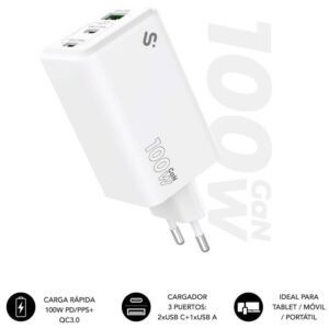 Cargador de Pared GaN Subblim 100W Charger USB C+C+A/ 2xUSB Tipo-C/ 1xUSB/ 100W 8436586743512 SUBCHG-6G1003 SUB-CARGA SUBCHG-6G1003