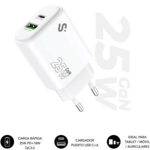 Cargador de Pared GaN Subblim 25W Charger USB C+A/ 1xUSB Tipo-C/ 1xUSB/ 25W 8436586743468 SUBCHG-6G2510 SUB-CARGA SUBCHG-6G2510