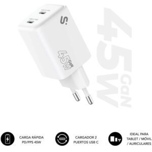 Cargador de Pared GaN Subblim 45W Charger USB C+C/ 2xUSB Tipo-C/ 45W 8436586743635 SUBCHG-6G4520 SUB-CARGA SUBCHG-6G4520