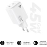 Cargador de Pared GaN Subblim 45W Charger USB C+C/ 2xUSB Tipo-C/ 45W 8436586743635 SUBCHG-6G4520 SUB-CARGA SUBCHG-6G4520