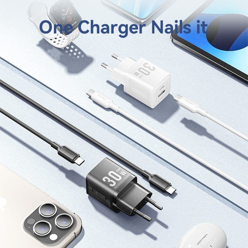 Cargador de Pared GaN Vention TZ-FEQB0-EU-01/ 1xUSB Tipo-C/ 1xUSB + Cable USB Tipo-C/ 30W - Imagen 4