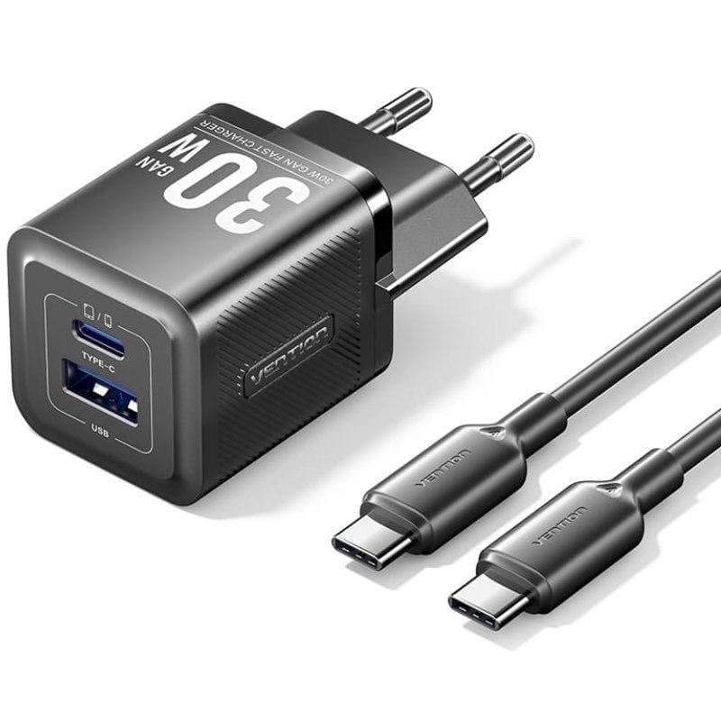 Cargador de Pared GaN Vention TZ-FEQB0-EU-01/ 1xUSB Tipo-C/ 1xUSB + Cable USB Tipo-C/ 30W 6922794786356 TZ-FEQB0-EU-01 VEN-CARGA TZ-FEQB0-EU-01