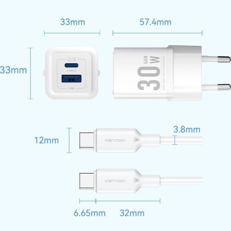 Cargador de Pared GaN Vention TZ-FEQW0-EU-01/ 1xUSB Tipo-C/ 1xUSB + Cable USB Tipo-C/ 30W - Imagen 5