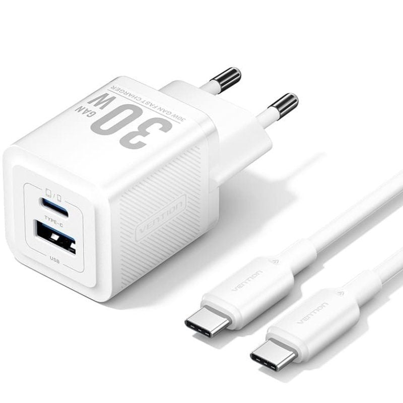 Cargador de Pared GaN Vention TZ-FEQW0-EU-01/ 1xUSB Tipo-C/ 1xUSB + Cable USB Tipo-C/ 30W 6922794786387 TZ-FEQW0-EU-01 VEN-CARGA TZ-FEQW0-EU-01