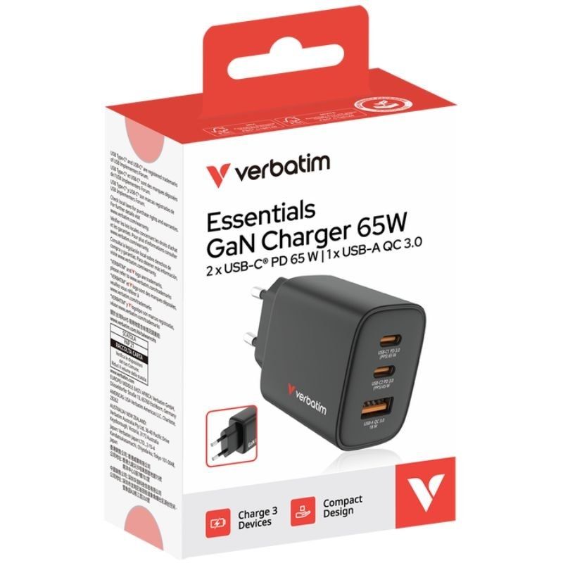 Cargador de Pared GaN Verbatim Essentials/ 2xUSB Tipo-C/ 1xUSB/ 65W - Imagen 5