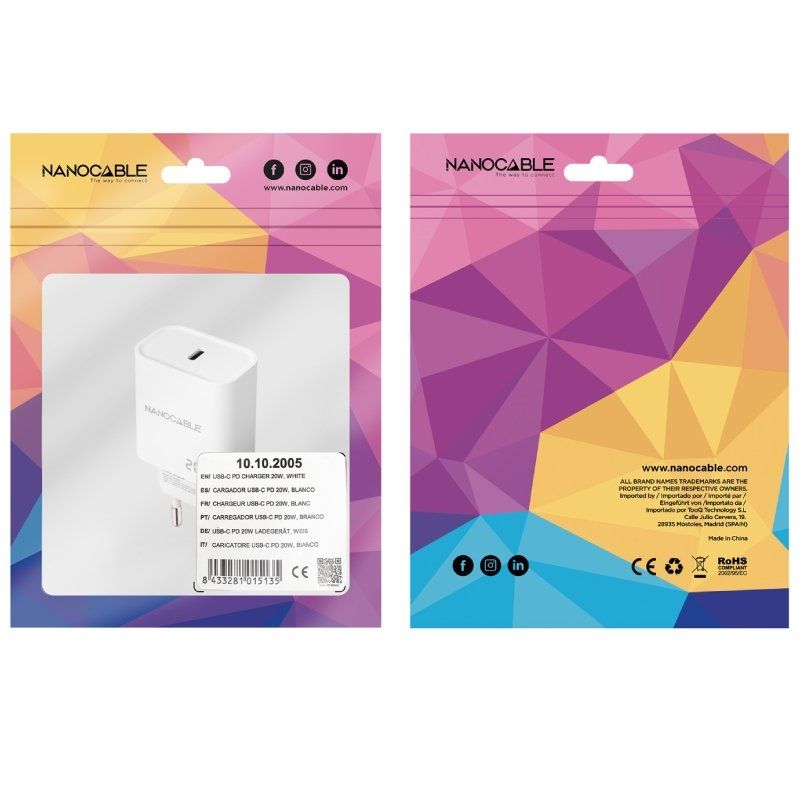 Cargador de Pared Nanocable 10.10.2005/ 1xUSB Tipo-C/ 20W/ Blanco - Imagen 2
