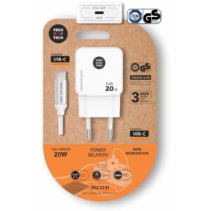 Cargador de Pared Tech One Tech TEC2221/ 1xUSB Tipo-C + Cable USB Tipo-C/ 20W/ Blanco 8436546594642 TEC2221 TOT-CAR TEC2221