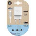 Cargador de Pared Tech One Tech TEC2402/ 2xUSB + Cable Lightning/ 12W/ Blanco 8436546592266 TEC2402 TOT-CAR TEC2402