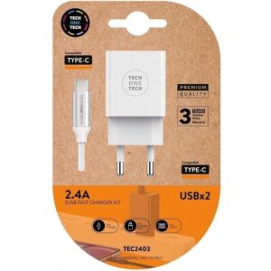 Cargador de Pared Tech One Tech TEC2403/ 2xUSB + Cable USB Tipo-C/ 12W/ Blanco 8436546592532 TEC2403 TOT-CAR TEC2403