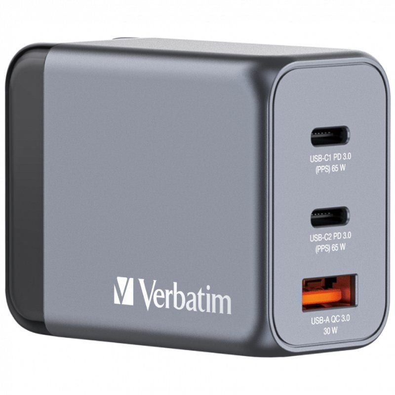 Cargador de Pared Universal GaN para Viaje Verbatim GNC-65/ 2xUSB Tipo-C/ 1xUSB/ 65W 023942322016 32201 VERB-CARGA GNC-65