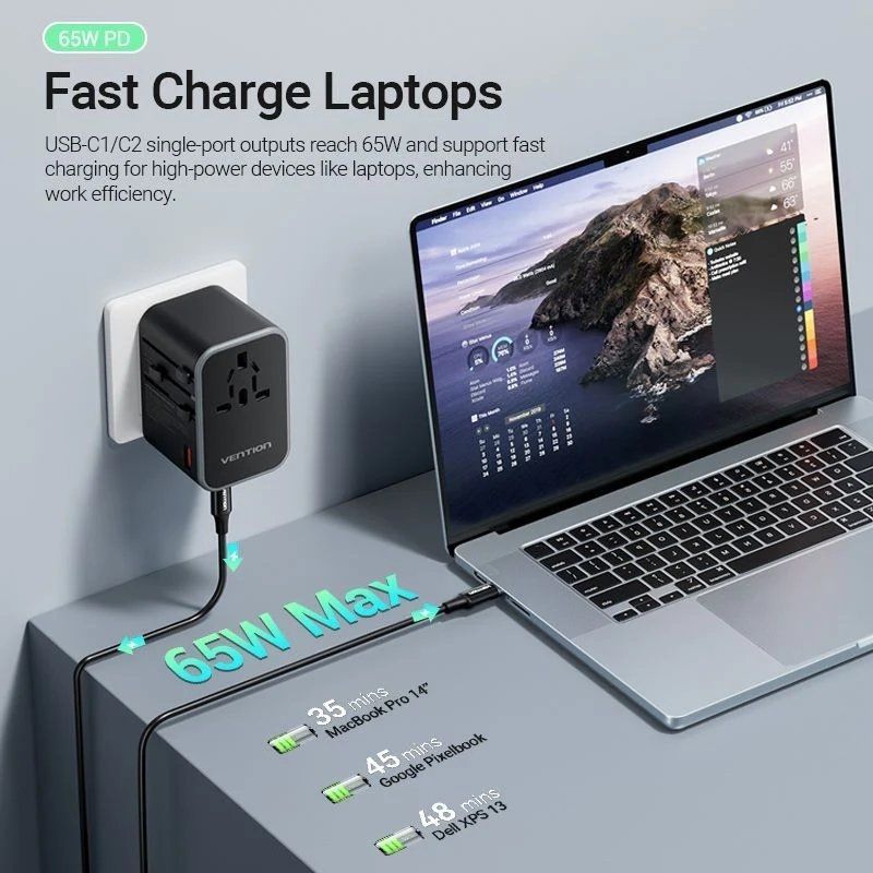 Cargador de Pared Universal Vention FJDB0/ Toma de Corriente Universal/ 2xUSB Tipo-C/ 1xUSB/ 65W - Imagen 4