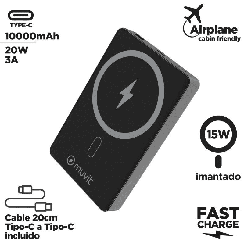Powerbank 10000mAh Muvit For Change MCCHP0010/ 20W/ Wireless/ Negra/ Incluye Cable USB Tipo-C - Imagen 3