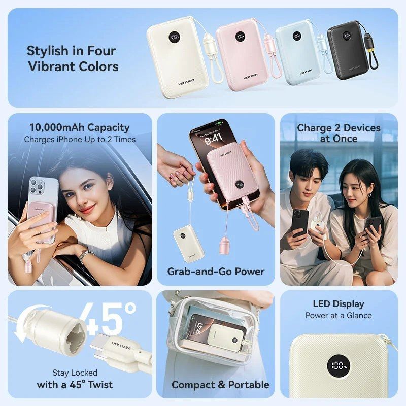 Powerbank 10000mAh Vention FKAB0-C/ 22.5W/ Negro/ Incluye Cable USB Tipo-C - Imagen 3