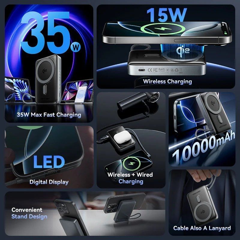 Powerbank 10000mAh Vention FKHH0/ 35W/ Wireless/ Gris/ Incluye Cable USB Tipo-C - Imagen 2