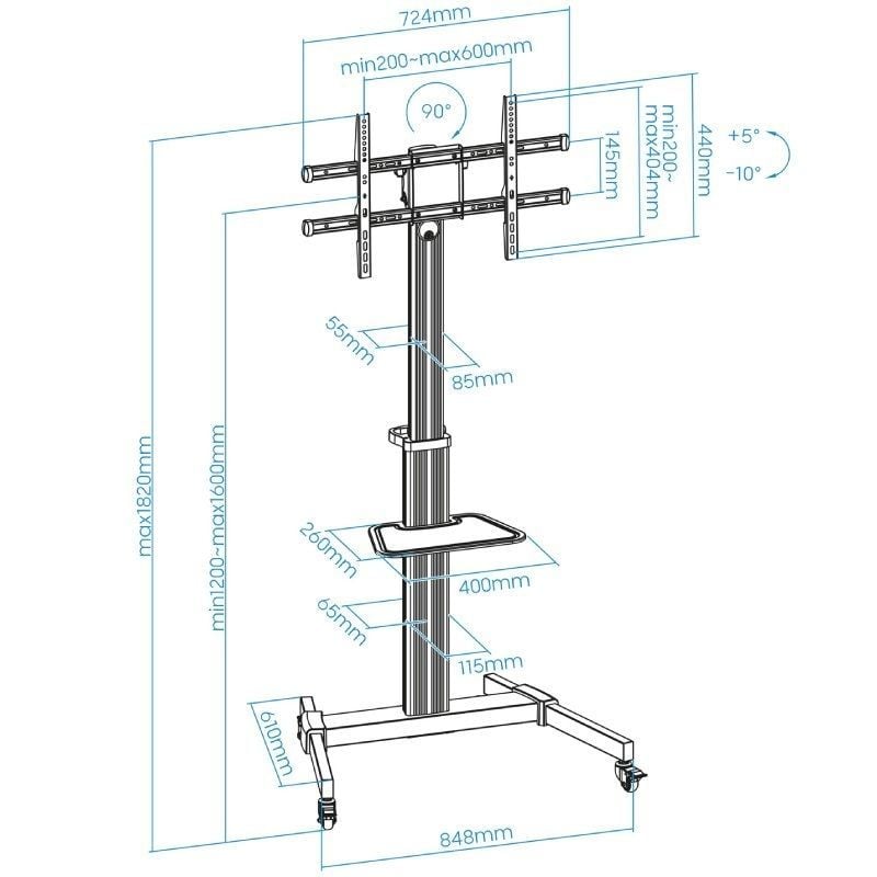 Soporte de Suelo Inclinable/ Ajustable con Ruedas TooQ FS1886M-B para TV de 37-86"/ hasta 50kg - Imagen 5