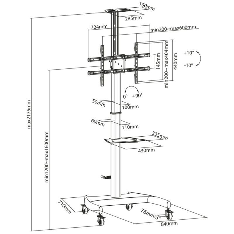 Soporte de Suelo Inclinable/ Giratorio con Ruedas y Manivela Aisens FT70TE-169 para TV 37-70"/ hasta 50kg - Imagen 5