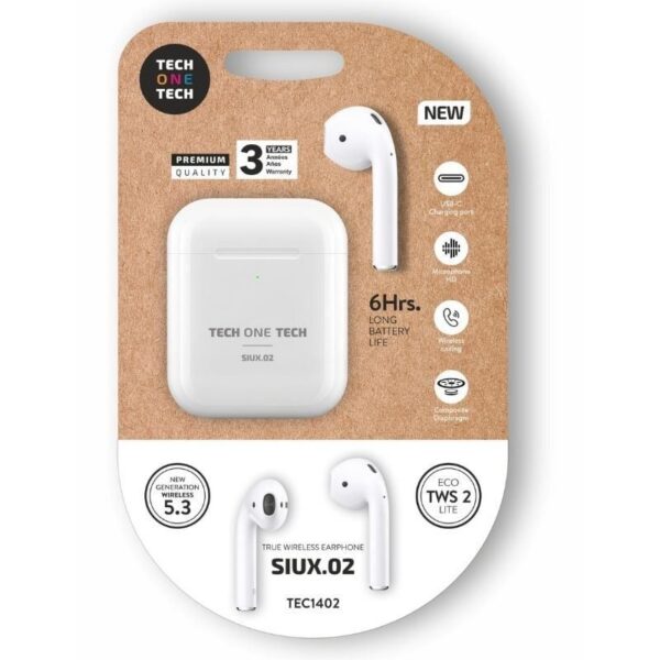 Auriculares Bluetooth Tech One Tech SIUX.2 TEC1402/ con estuche de carga/ Autonomía 6h/ Blancos 8436546594703 TEC1402 TOT-AUR TEC1402