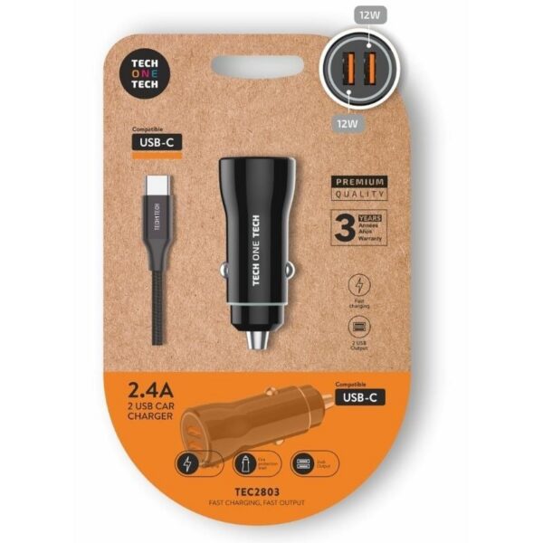 Cargador de Coche Tech One Tech TEC2803/ 2xUSB + Cable USB Tipo-C/ 12W 8436546594727 TEC2803 TOT-CARGA COCHE TEC2803