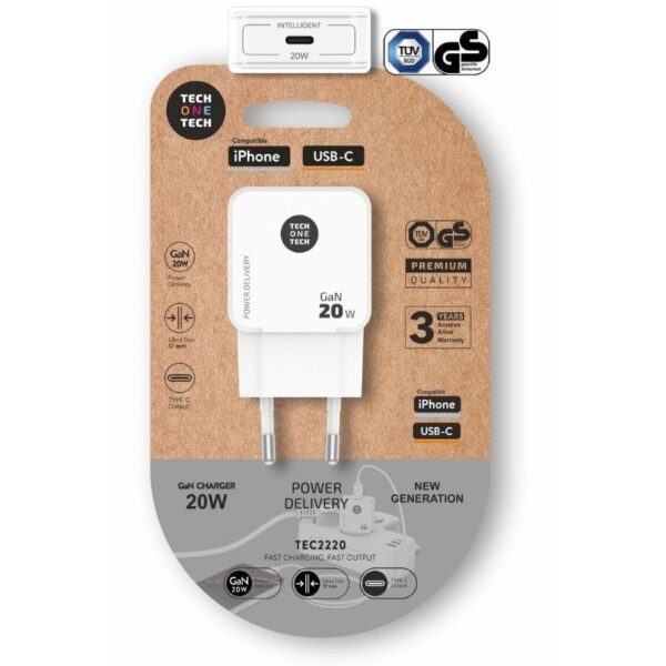 Cargador de Pared GaN Tech One Tech GaN TEC2220/ 1xUSB Tipo-C/ 20W/ Blanco 8436546594635 TEC2220 TOT-CAR TEC2220