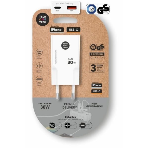 Cargador de Pared GaN Tech One Tech GaN TEC2230/ 1xUSB Tipo-C/ 1xUSB/ 30W/ Blanco 8436546594628 TEC2230 TOT-CAR TEC2230