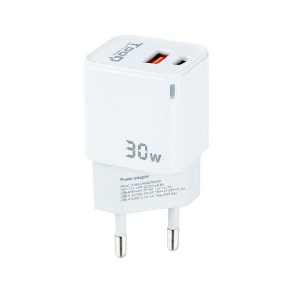 Cargador de Pared GaN TooQ TQWC-GANQCPD30WT/ 1xUSB Tipo-C/ 1xUSB/ 30W 8433281012561 TQWC-GANQCPD30WT TOO-CARGA TQWC-GANQCPD30WT