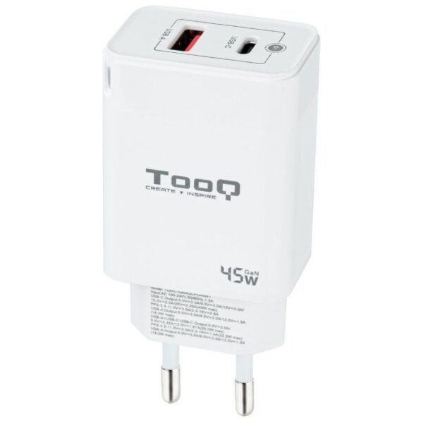 Cargador de Pared GaN TooQ TQWC-GANQCPD45WT/ 1xUSB Tipo-C/ 1xUSB/ 45W 8433281012578 TQWC-GANQCPD45WT TOO-CARGA TQWC-GANQCPD45WT